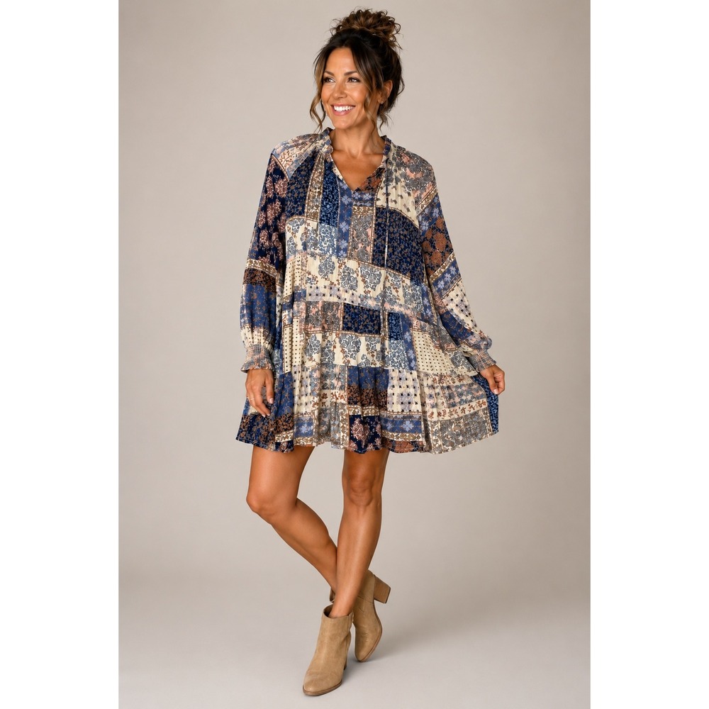 Fate Womens Blue Patchwork Tiered Mini Dress Smocked Sleeve Lurex Small